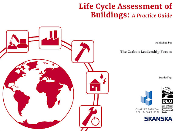 A red and white globe with various boxes containing phases of life cycle assessment for low carbon construction.